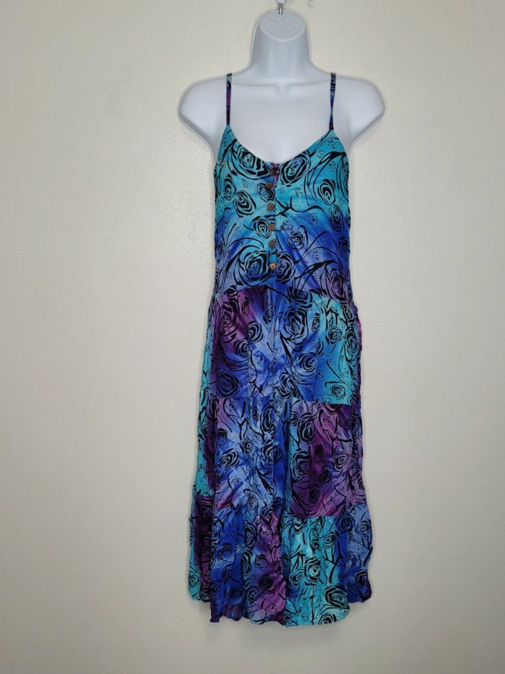 Bright blue purple rose print grunge artsy bold midi sun dress FLAW